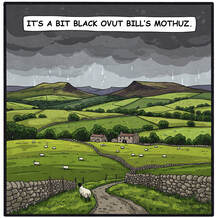 A cartoon of bad weather in Derbyshire, with dark clouds